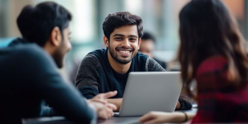 A group of international Indian students working laptop conversation college.
